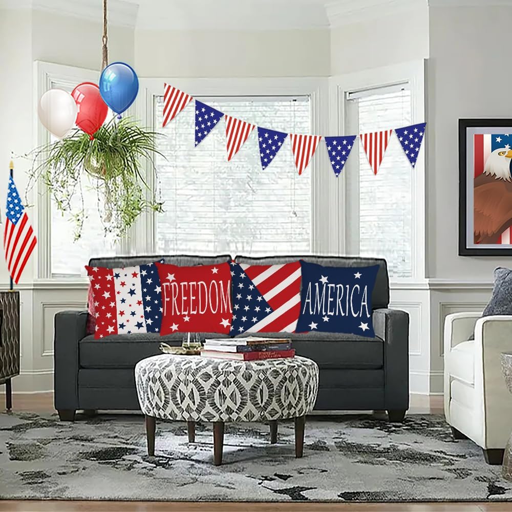 4th of July Throw Pillow Covers 24x24 Set of 4 Patriotic Pillow Covers American Flag Memorial Day Velvet Fourth of July Red White Blue Pillow Case Cushion Covers Home Outdoor Sofa Decorations
