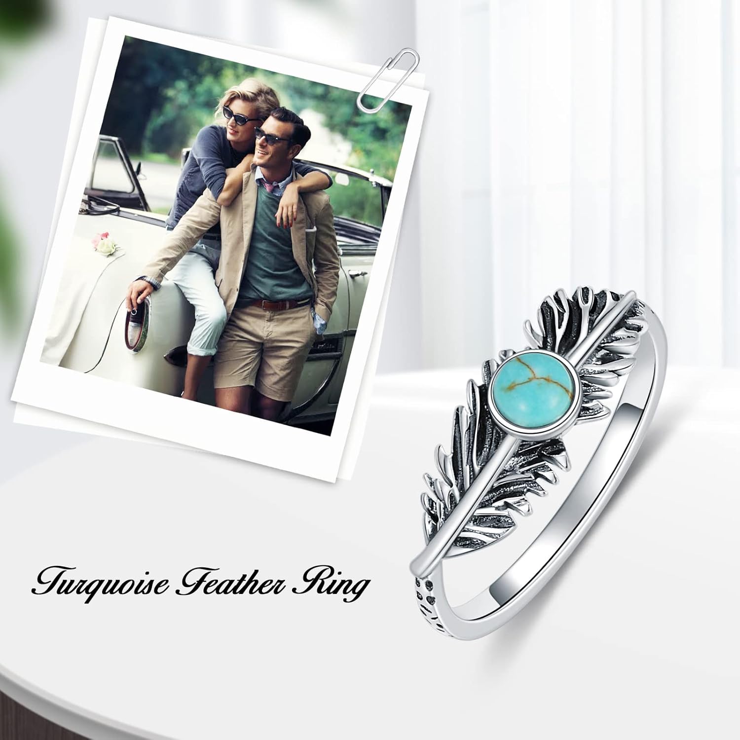 Feather Ring Genuine Turquoise Feather Rings for Women Her 925 Sterling Silver Oxidized Western Ring Navajo Jewelry Gift for Birthday Mother's Day - Image 2