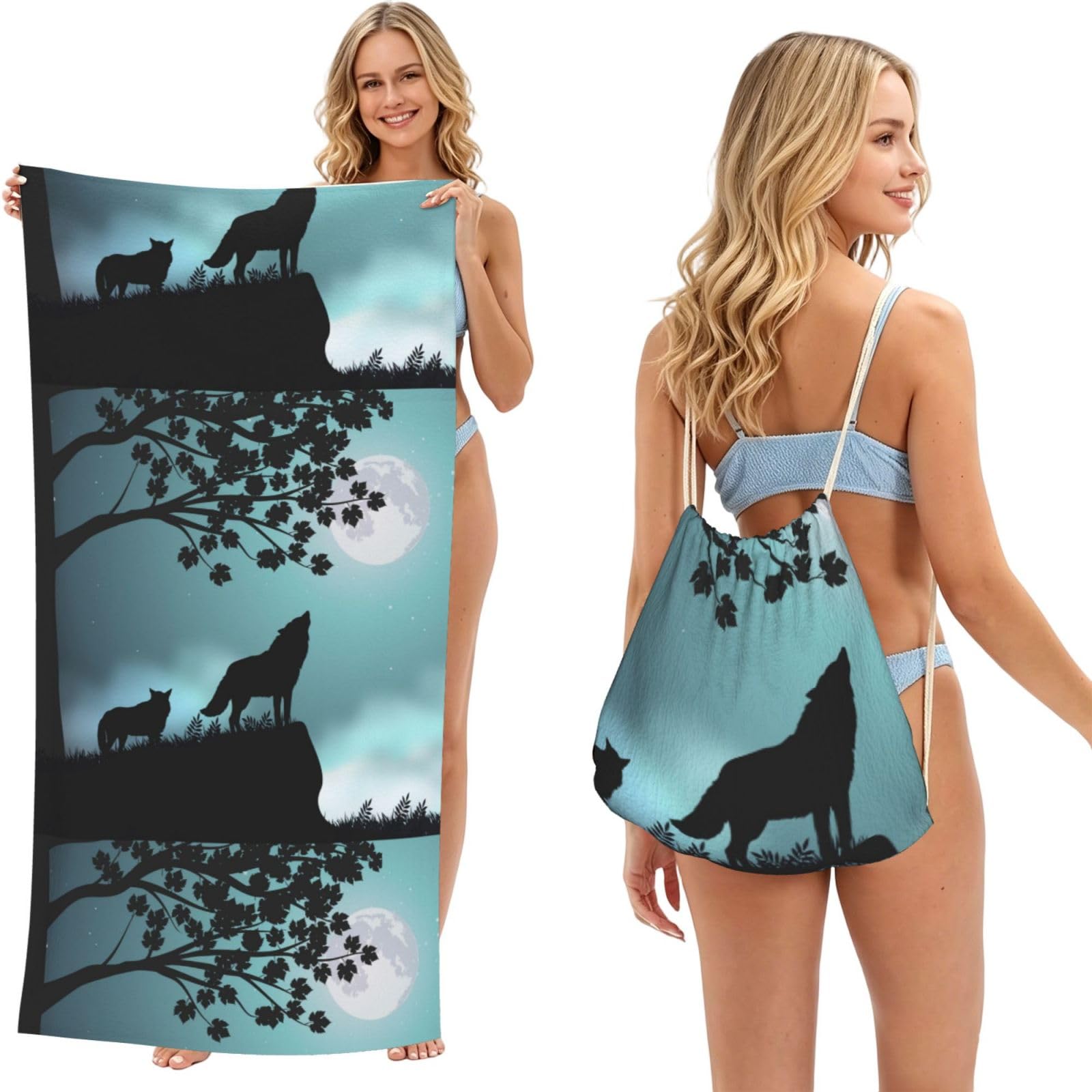 Poadnly As Picture Wolf, 2 In 1 Packable Towel Bag, Beach Towels With Drawstring Backpack For Travel Holiday Camping