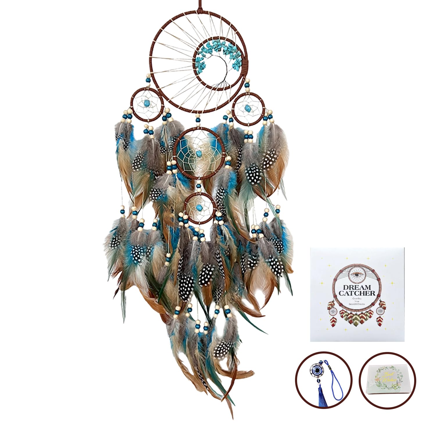 Jiyamony Dream Catcher Turquoise for Bedroom, Handmade Turquoise Hanging Ornament Wall Decor Dreamcatcher with Car Charm Gift