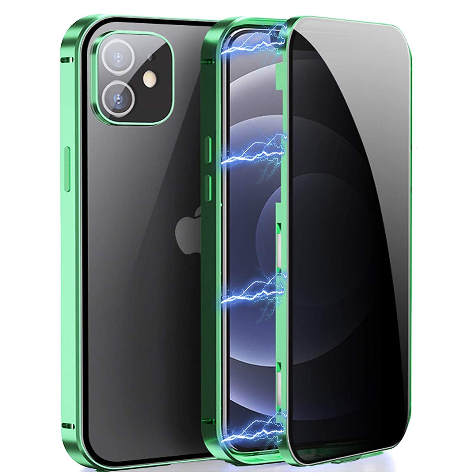 MIMGOAL Magnetica Cover per iPhone 12 Pro Max Anti-spia Custodia 360 Gradi Full Body Protezione [Protezione della fotocamera integrata] Vetro Temperato Anti Spy Metal Bumper Case Trasparente Blu