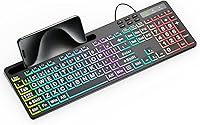 MARVO WK712 Large Print RGB Backlit Keyboard - Quiet Wired Full-Size with Phone Holder, 7 Colors 11 Modes for PC Mac Gaming Office