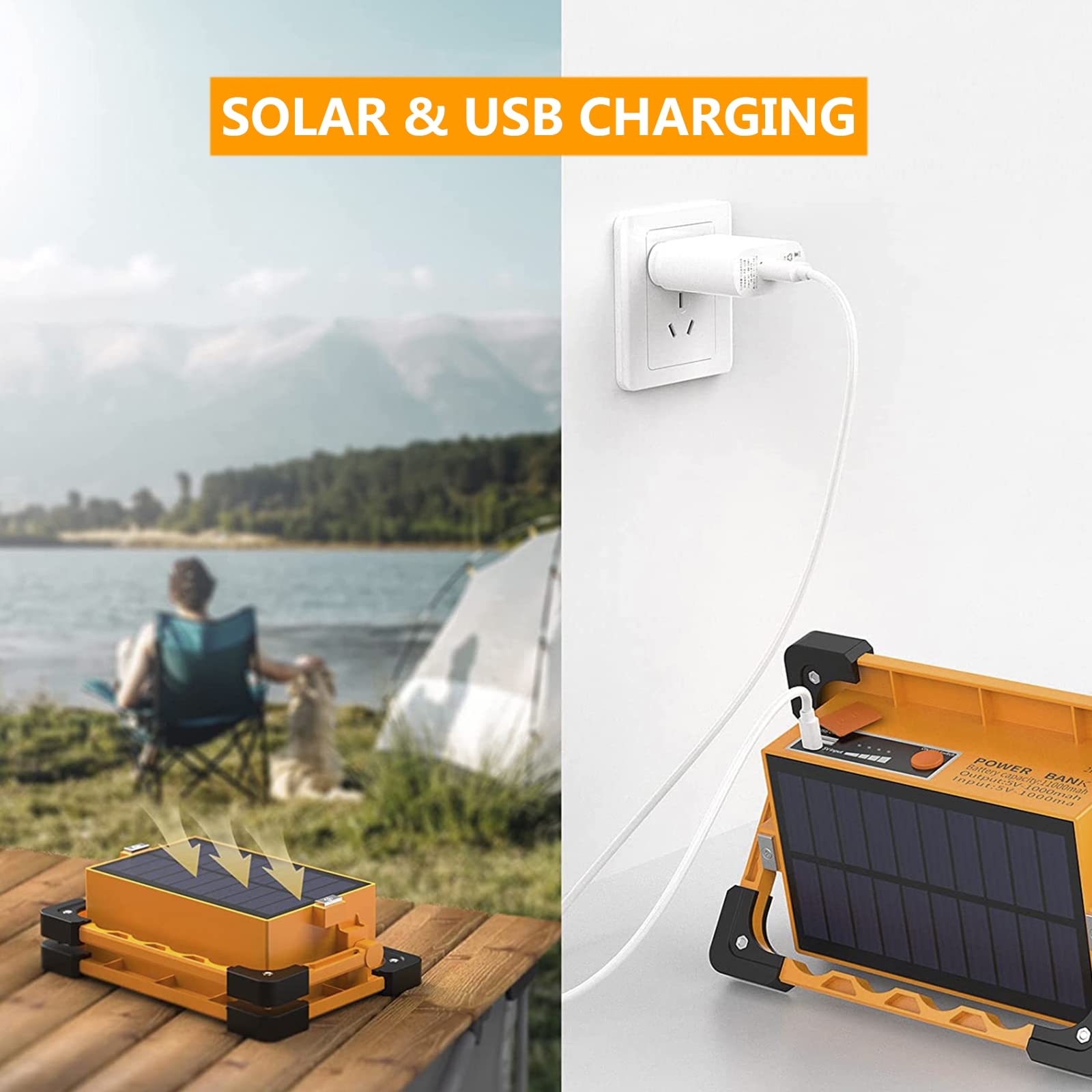 Foco LED Recargable Solar 80W, 3 Modos Linterna de Cámping LED Portátil con Panel Solar, Luz de Seguridad Impermeable para Emergencias, Reparación de Automóviles y Más