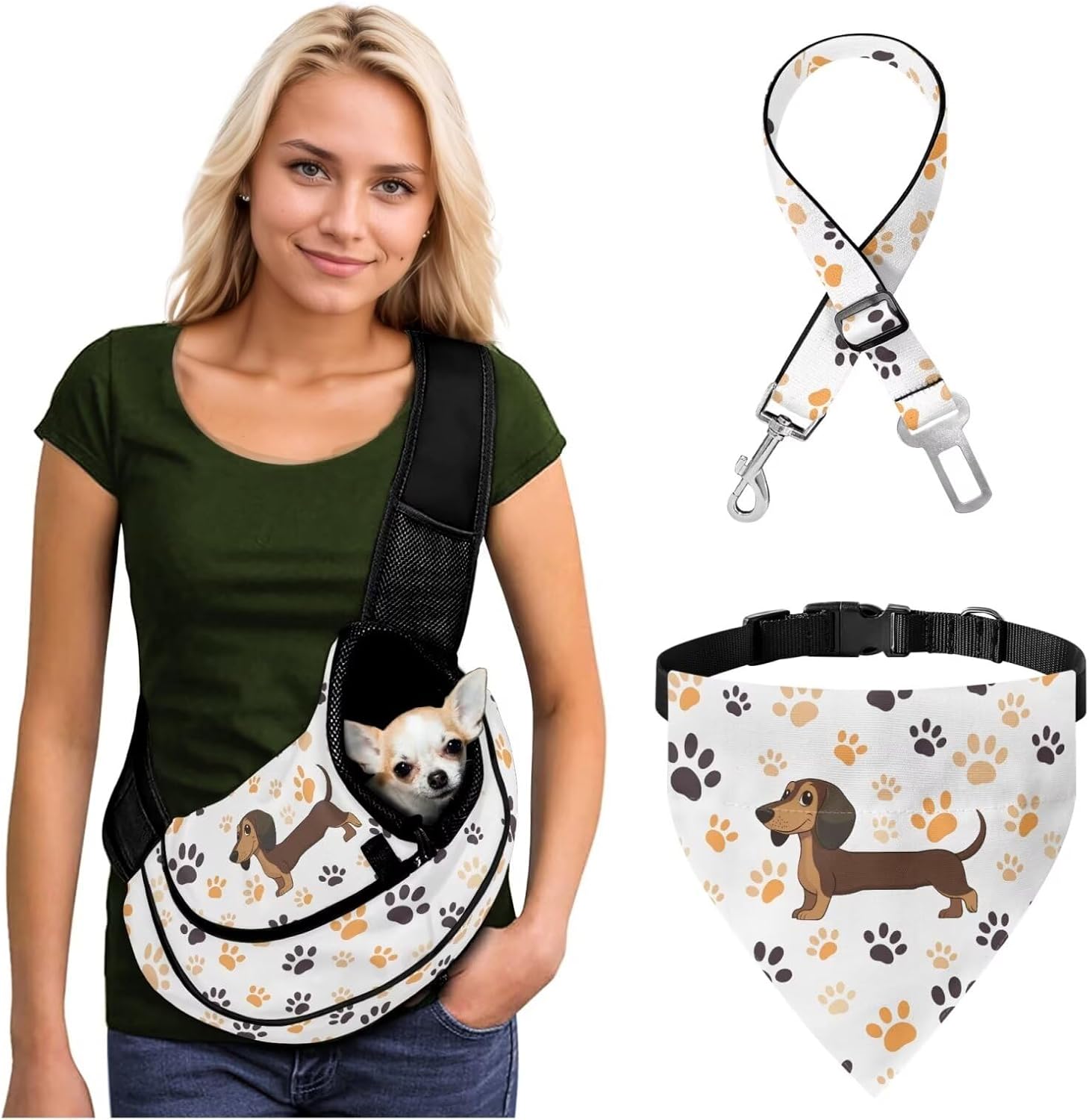 Cute Dachshund Pet Sling Carrier Bundle with Dog Paws Print - Comes with Portable Dog & Cat Crossbody Bag, Safety Leash & Comfortable Dogs Bibs Scarf Ideal for Birthdays, Parties & Costumes