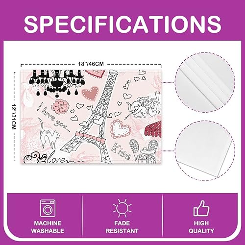 Miniatura 4 de Juego de 4 manteles individuales de la torre Eiffel, estilo francés romántico de París, lavables, 12 x 18 pulgadas, para decoración de mesa de