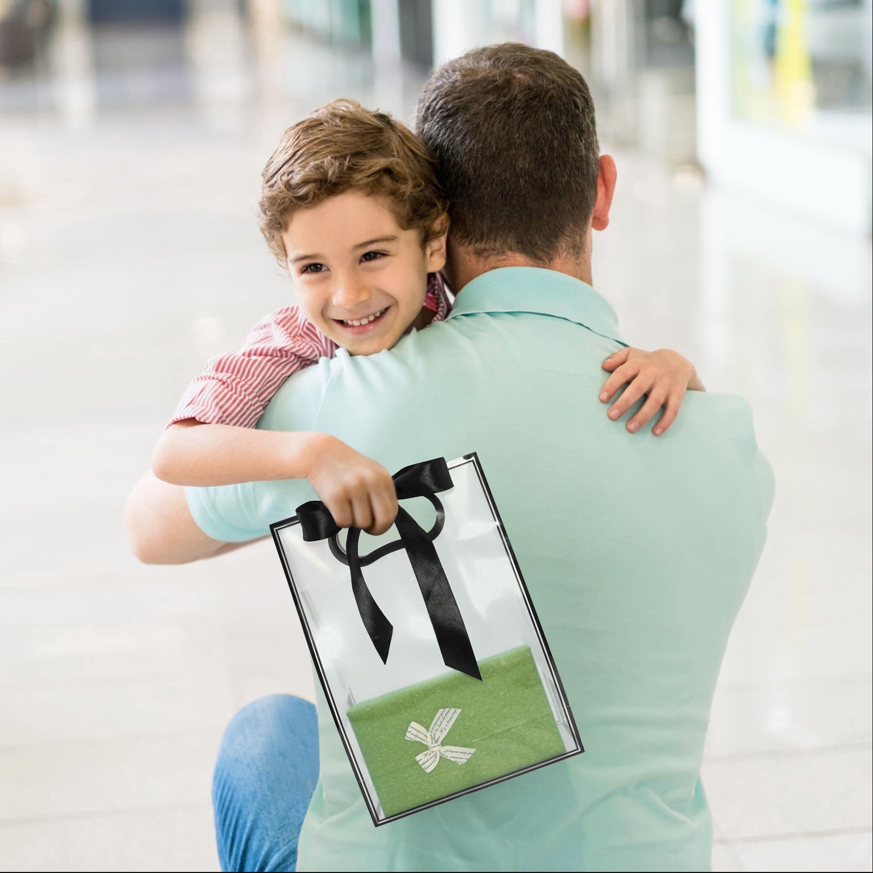Transparente Kunststoff-Geschenktüten mit Griff, wiederverwendbare PP-Geschenktüten mit Band für Hochzeit, Braut, Geburtstag, Party, Babyparty, Abschlussfeier, Shopping, Business, 17,8 x 25,4 x 8,9
