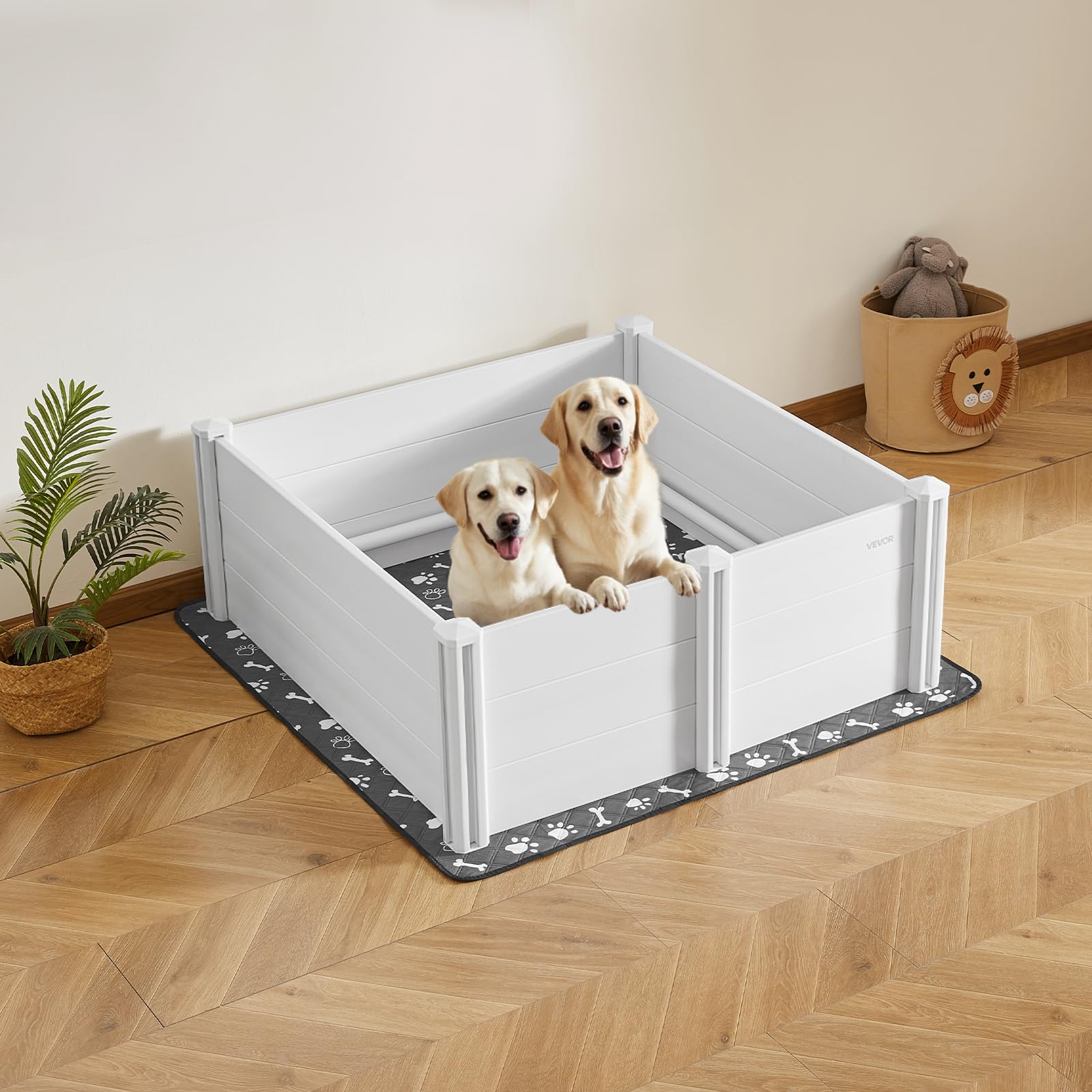 VEVOR Wurfkiste für Hunde, 122x122x46cm, Welpenlaufstall aus Kunststoff-PVC mit höhenverstellbarer Tür & waschbarer PIPI-Unterlage, verformungssicherer Welpenkiste für große Hunde, Milchweiß