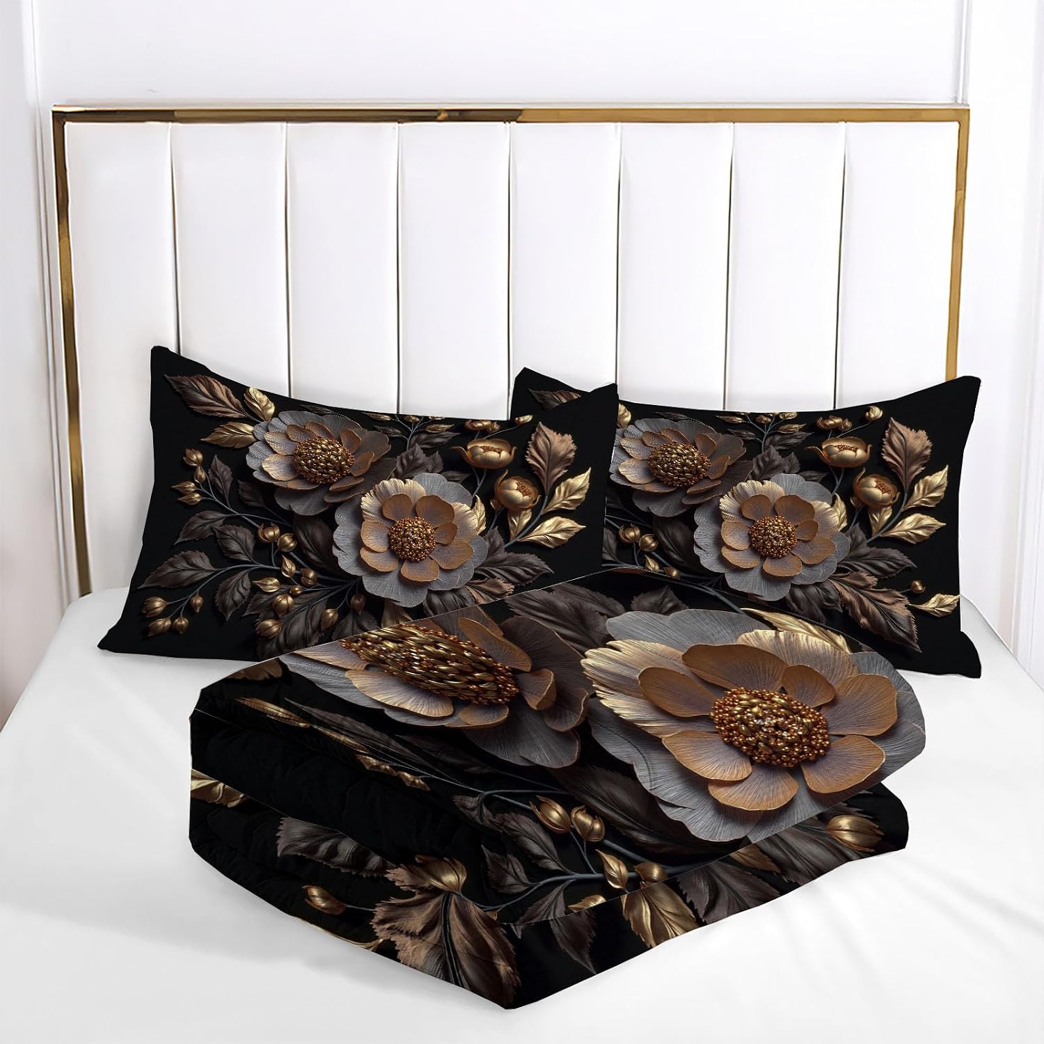 Understated Luxury And Dark Aesthetics Comforter Set Queen Size, Plants And Flowers Bedding Set For Girls Boys, Black Gold Quilt Bed 90"X90" Bedding Comforter Sets With 2 Pillowcase Room Decor