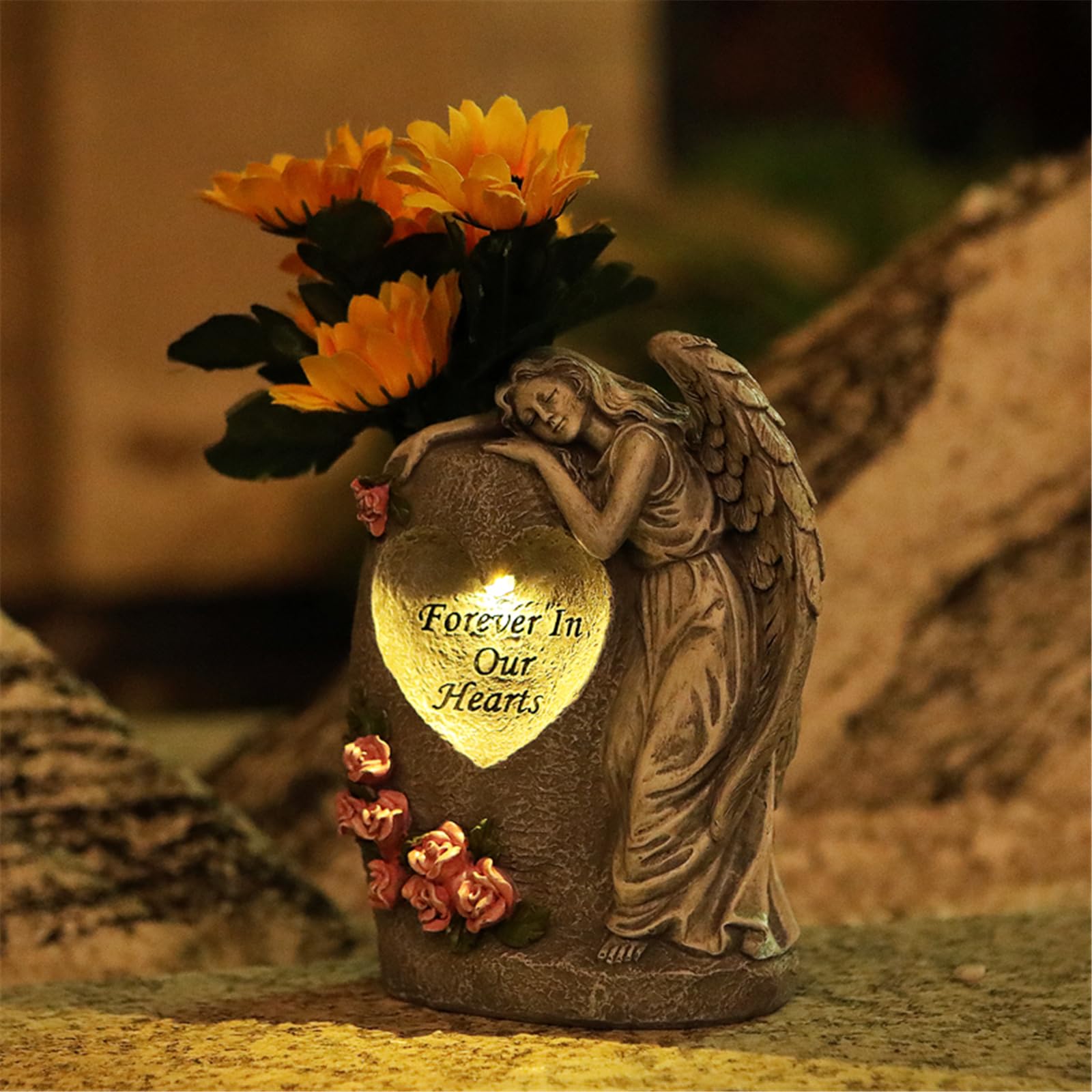 Vase de cimetière éclairé à l ' énergie, Sculpture angélique résistante intempéries, Ornement pour décorations de Jardin funéraire extérieur, Vase Lumineux à énergie