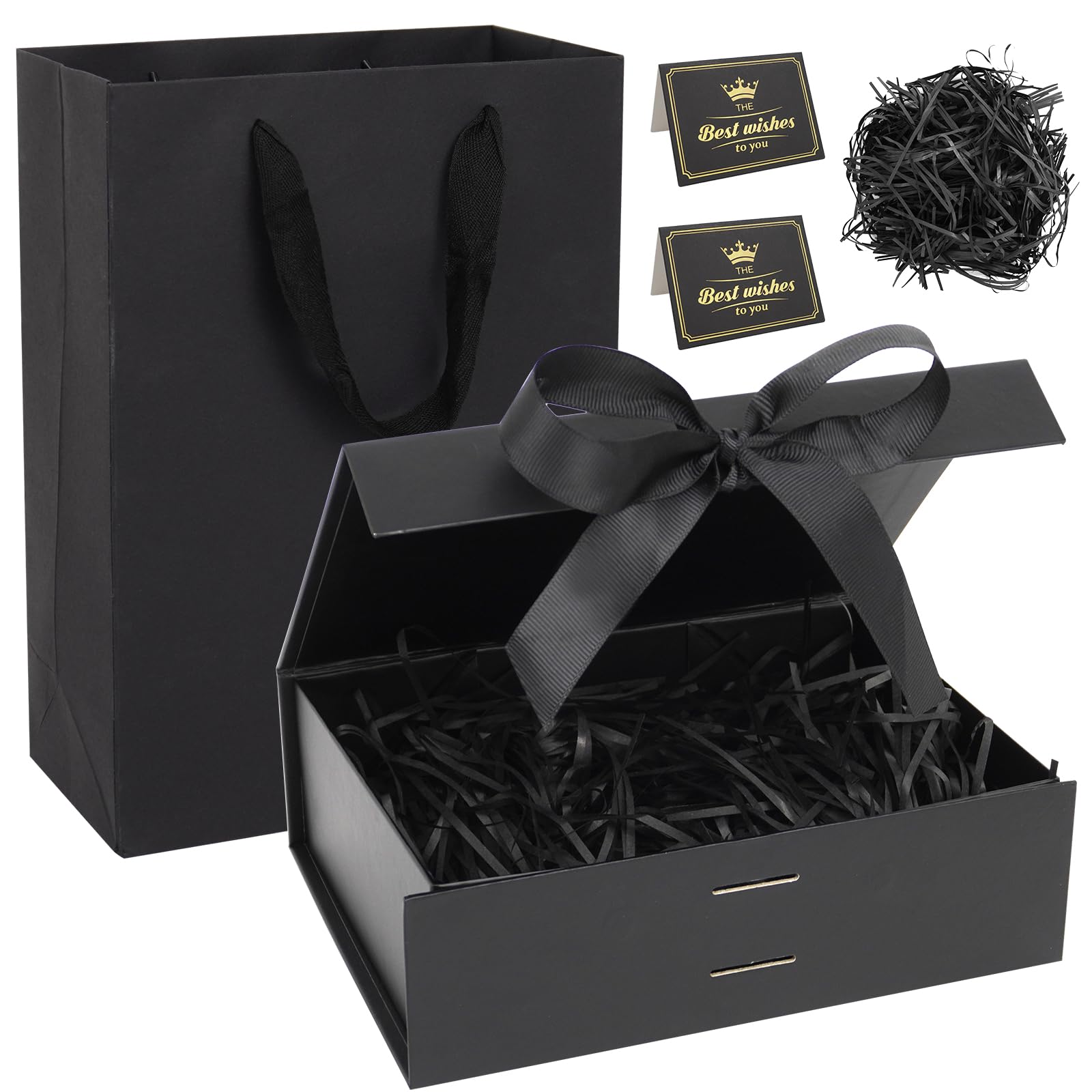 Realjoy Black Gift Box, Magnetic Gift Boxes with Lids Ribbon Shredded Paper Greeting Card, 22.5 x 16 x 8.8cm Gift Boxes for Presents Birthday Wedding Valentines Anniversaries