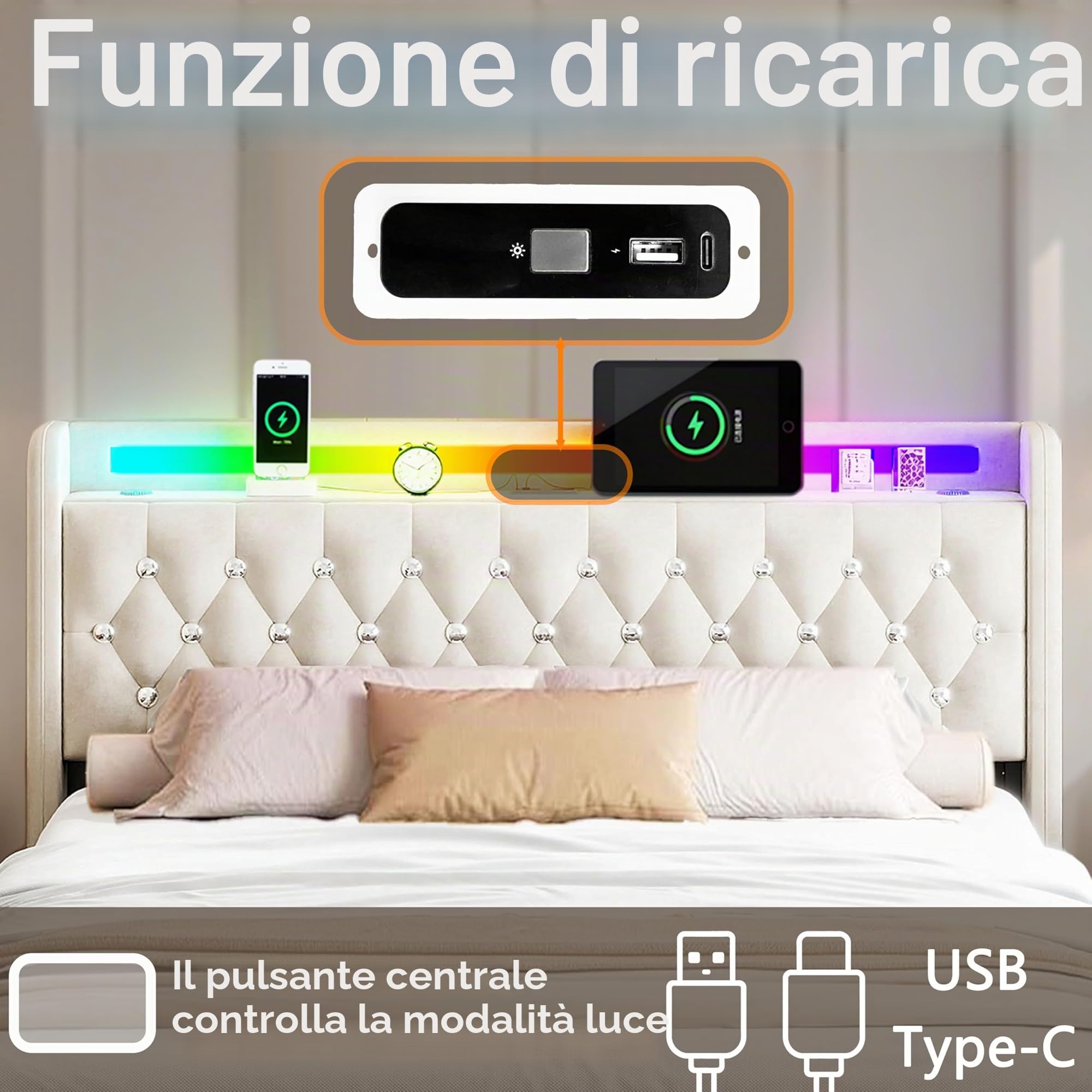 Letto Imbottito Moderno con Illuminazione LED, Altoparlante Bluetooth, 4 Cassetti di Archiviazion, Tessuto in Velluto con Ricarica USB/Type-C,160x200 cm, Beige