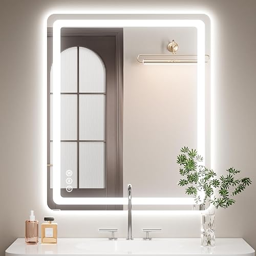 Espejo de baño LED de 30 x 36 pulgadas con luces, antiniebla e iluminación tricolor, espejo de afeitar montado en la pared con sensor táctil, espejo