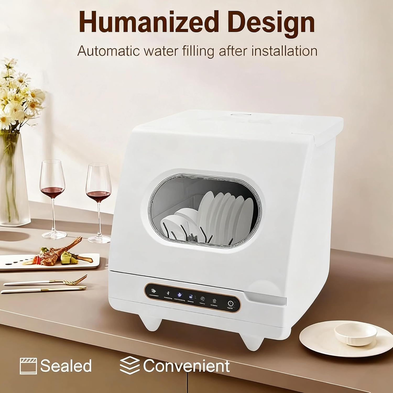 Portable Countertop Dishwasher, 800W 110V Dishwasher with 5 Modes & 360° Rotation Flushing, Water-Saving and Low Noise Dish-Washing Machine for Homes Apartments Campers Rvs