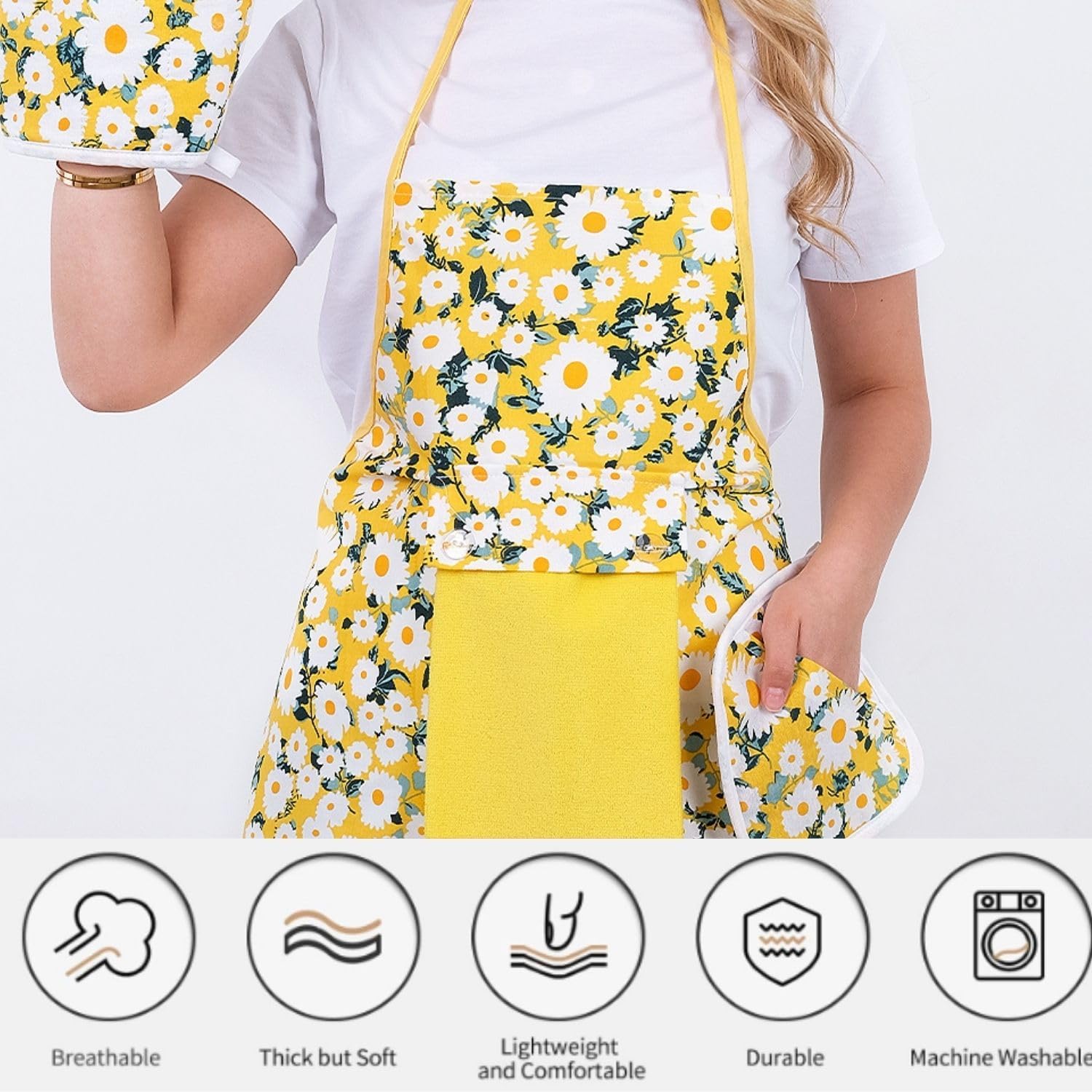 Floral Kitchen Apron and Oven Mitt Set-(4 pieces); Multicolor Waterproof Apron - Oven Mitt - Pot Holder - Hand Towel - Image 6