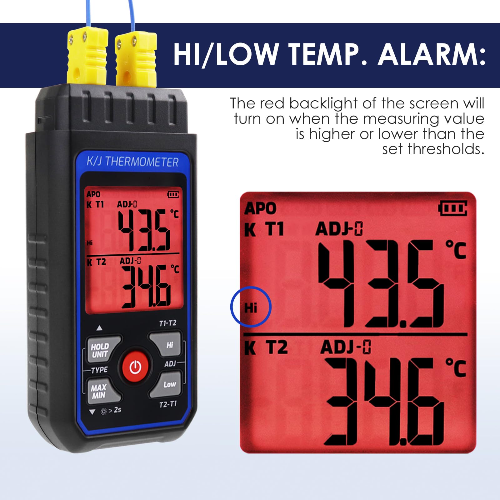 Termometro a termocoppia digitale a doppio canale K/J tipo termometro con 4 termocoppie di tipo K, intervallo di misurazione -328 ~ 2000 ° F Misuratore di temperatura Termometro HVAC con allarme e