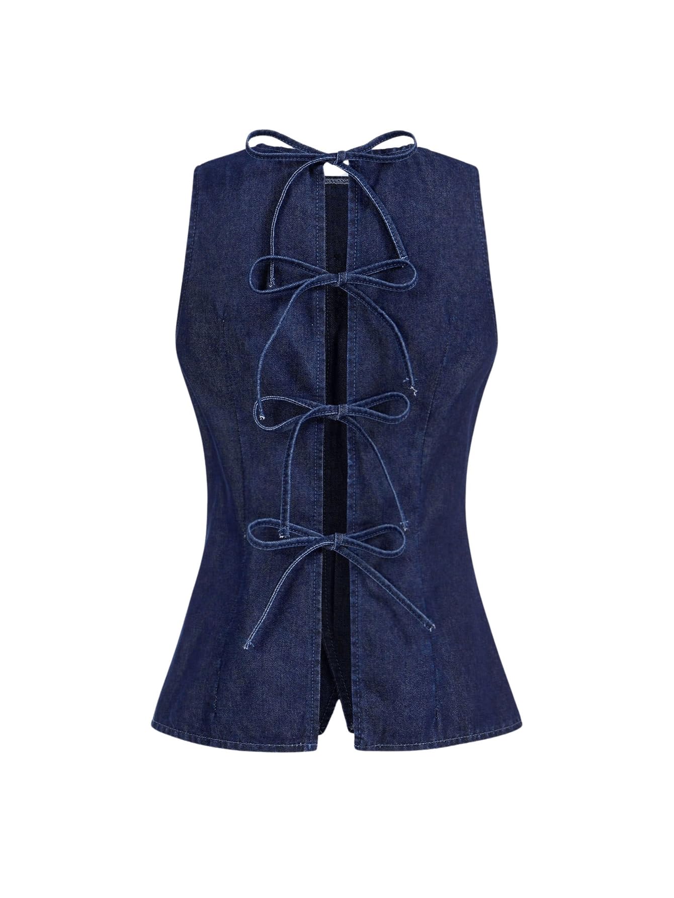 MakeMeChic Womens Denim Top Bow Tie Front Crew Neck Button Down Sleeveless Jean Vest Waistcoat