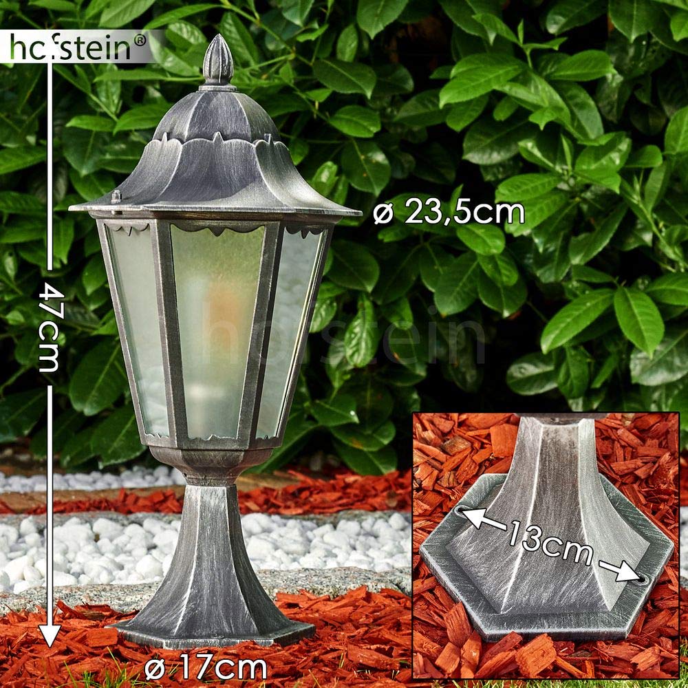 Borne extérieure Lignac, potelet vintage en aluminium moulé noir/argenté et verres dépolis de 74 cm de haut, luminaire pour une ampoule E27, IP44, ampoule(s) non incluse(s)