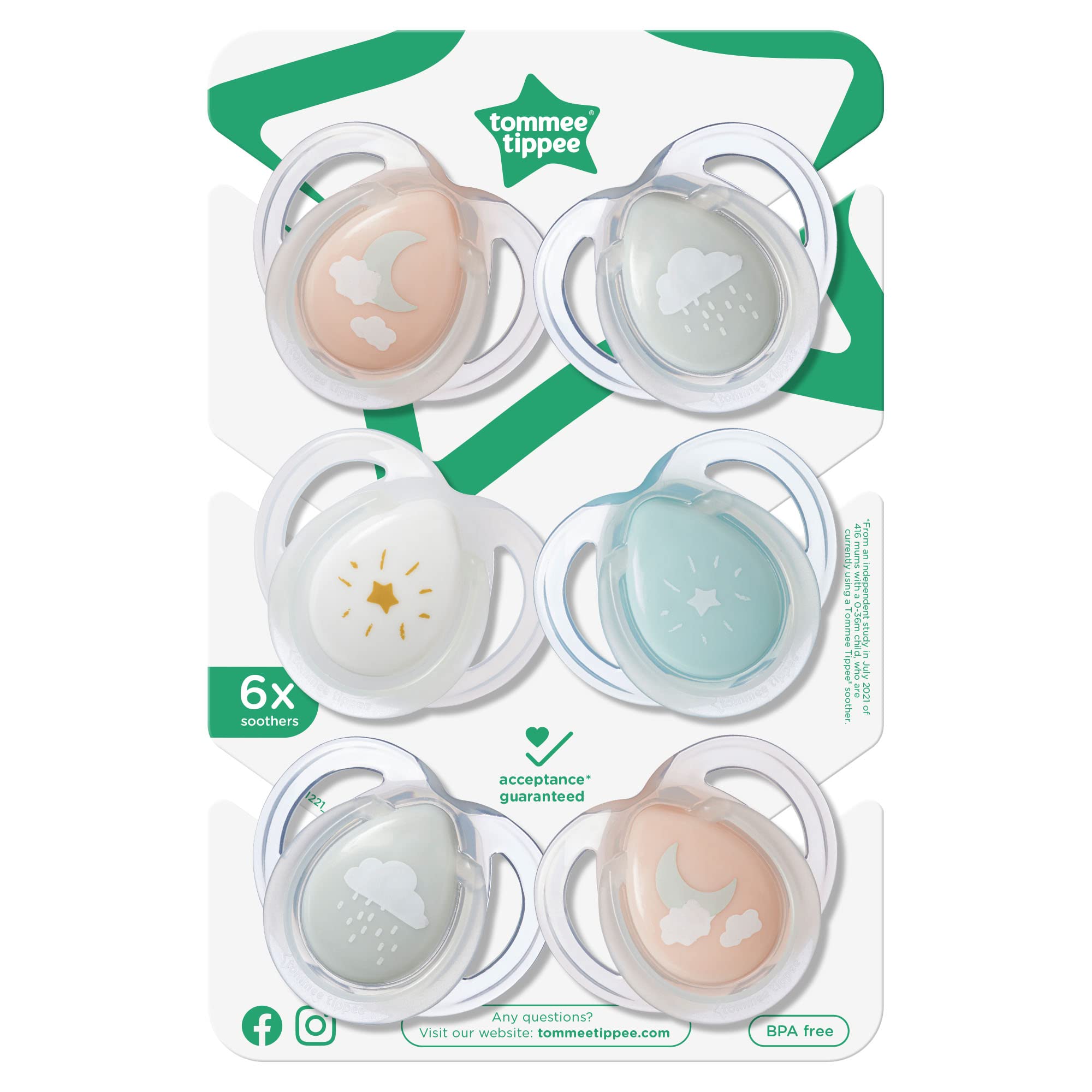 Tommee Tippee Night Time Pacifier, 0-6 Months, Symmetrical Silicone Baglet, BPA-Free Binkies, Glow in The Dark Technology, Pink Pastels, Pack of 6