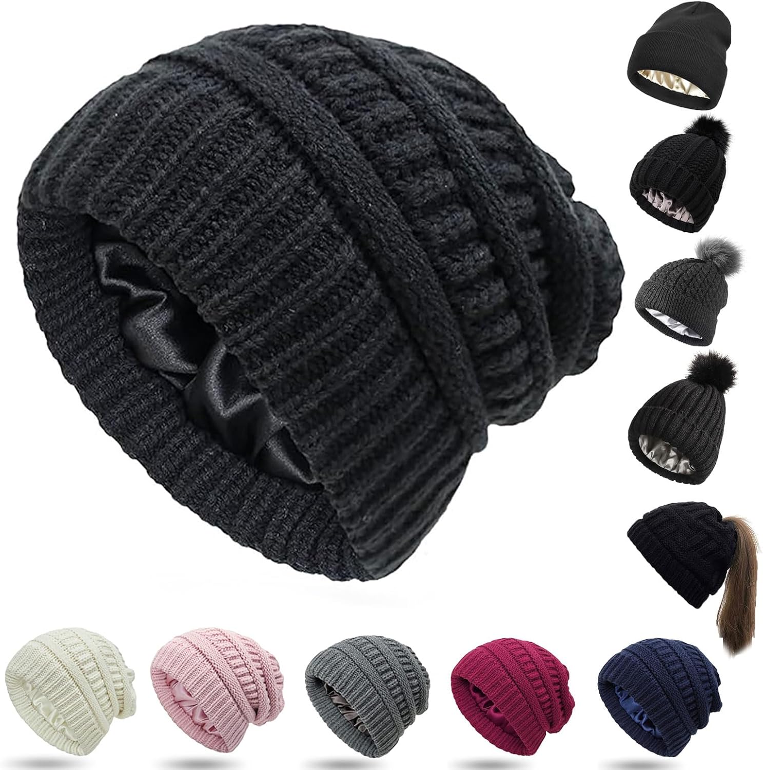 Womens Satin Lined Winter Beanie Cable Knit Beanie for Women Silk Lining Thick Chunky Hats Skull Warm Cap