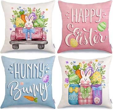 GEEORY Happy Easter Eggs Hunny Bunny Throw Pillow Covers 18x18 Inch Set of 4, Peeps Mason Jars Truck Spring Decorative Farmhouse Holiday Cushion Case for Home Decoration G688-18
