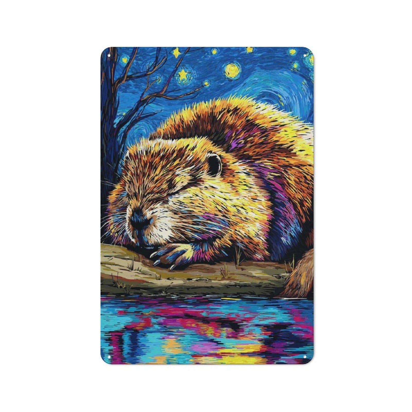 Junmoney Colorful Beaver By The Water Character Decorative Tin Plaque 30X20cm Featuring Small Space Decor For Bedroom, Kitchen, Office Or Living Room