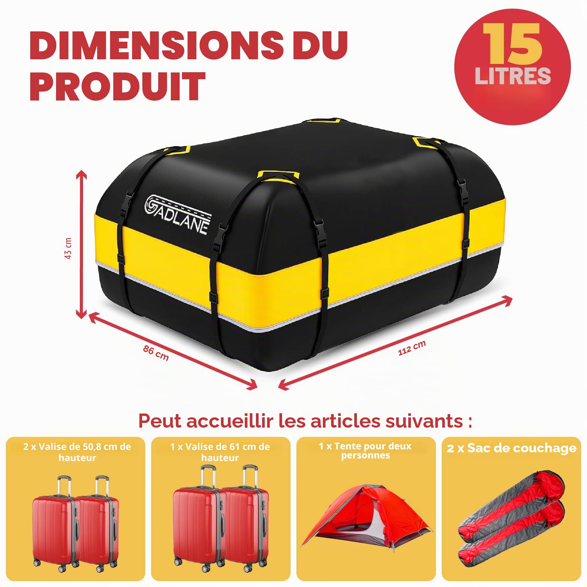 GADLANE Sac de Toit de Voiture 425L - étanche, pour Voitures avec/sans Porte-Bagages de Toit, Tapis antidérapant, 4 Crochets de Porte Robustes, Serrure à Combinaison, Sac de Rangement (Jaune)