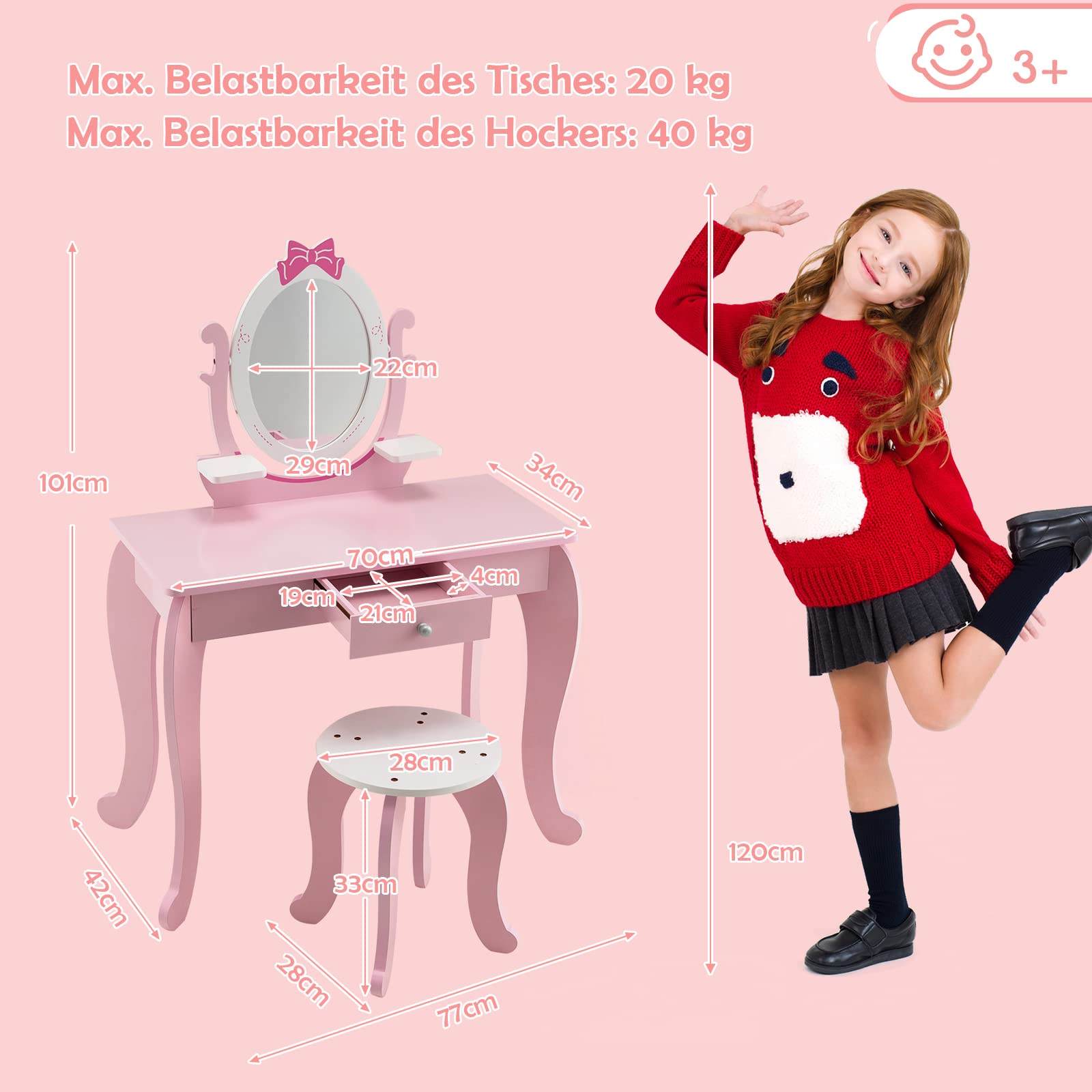 DREAMADE 2 IN 1 Kinder Schminktisch mit Hocker und abnehmbarem Spiegel, Kinderschmink aus Holz, Frisierkommode, Kosmetiktisch, Prinzessin Frisiertisch mit Schublade für Kinder Mädchen