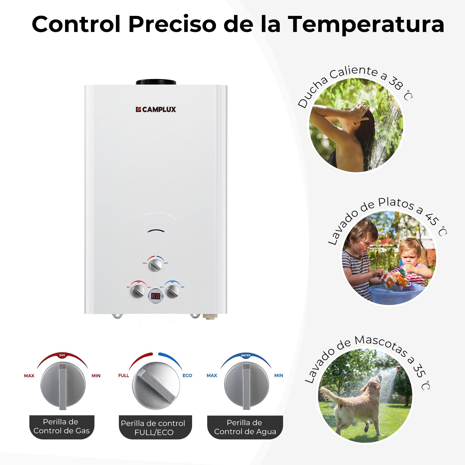 CAMPLUX Calentador de Agua a Gas de 16 Litros, GLP, 50mbar, para Campar, RV, 32kW