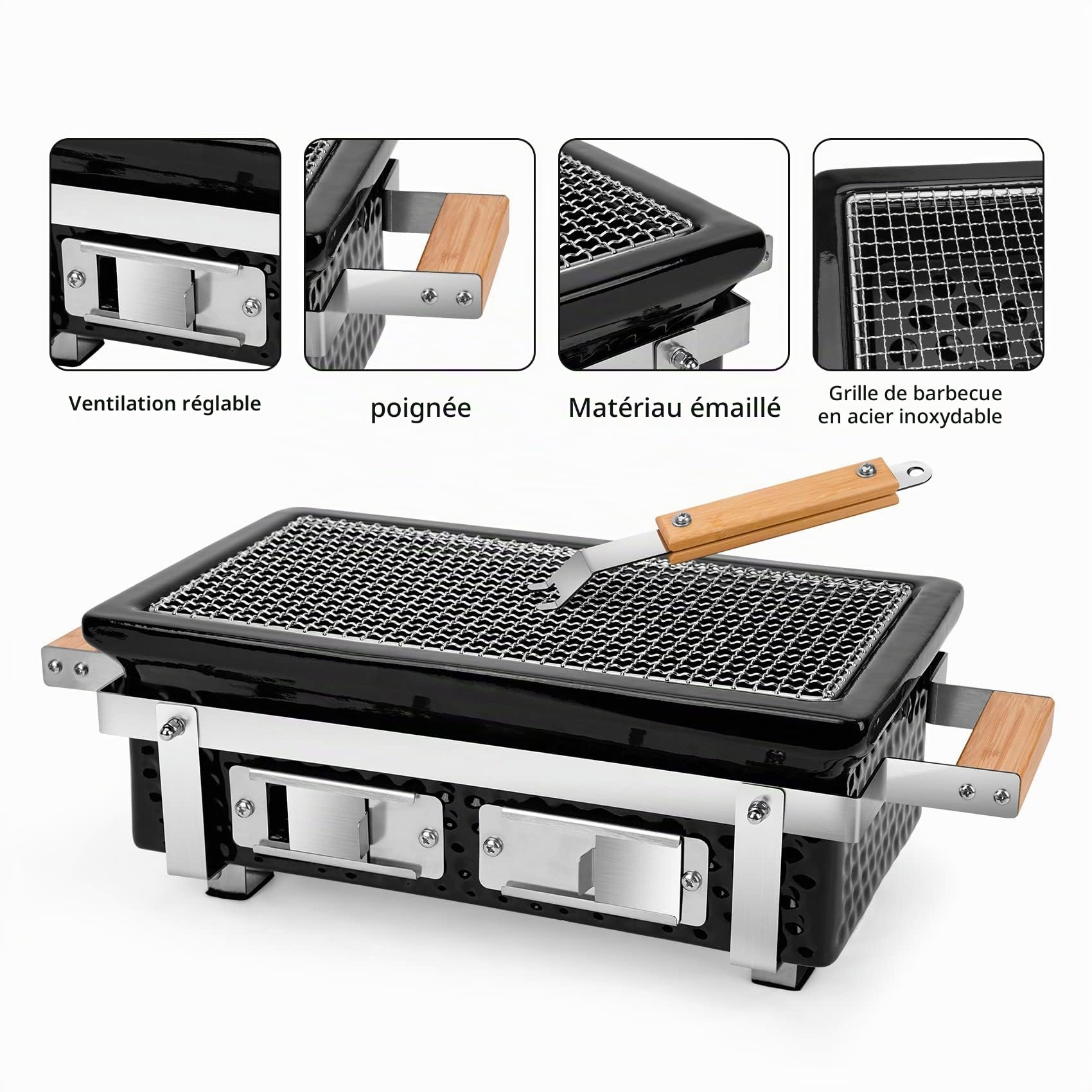 Onlyfire Barbecues à Charbon, Grille de Charbon en Céramique, Rectangulaire, Barbecue Charbon de Bois Portable, Hibachi Gril D'intérieur, Barbecue Camping