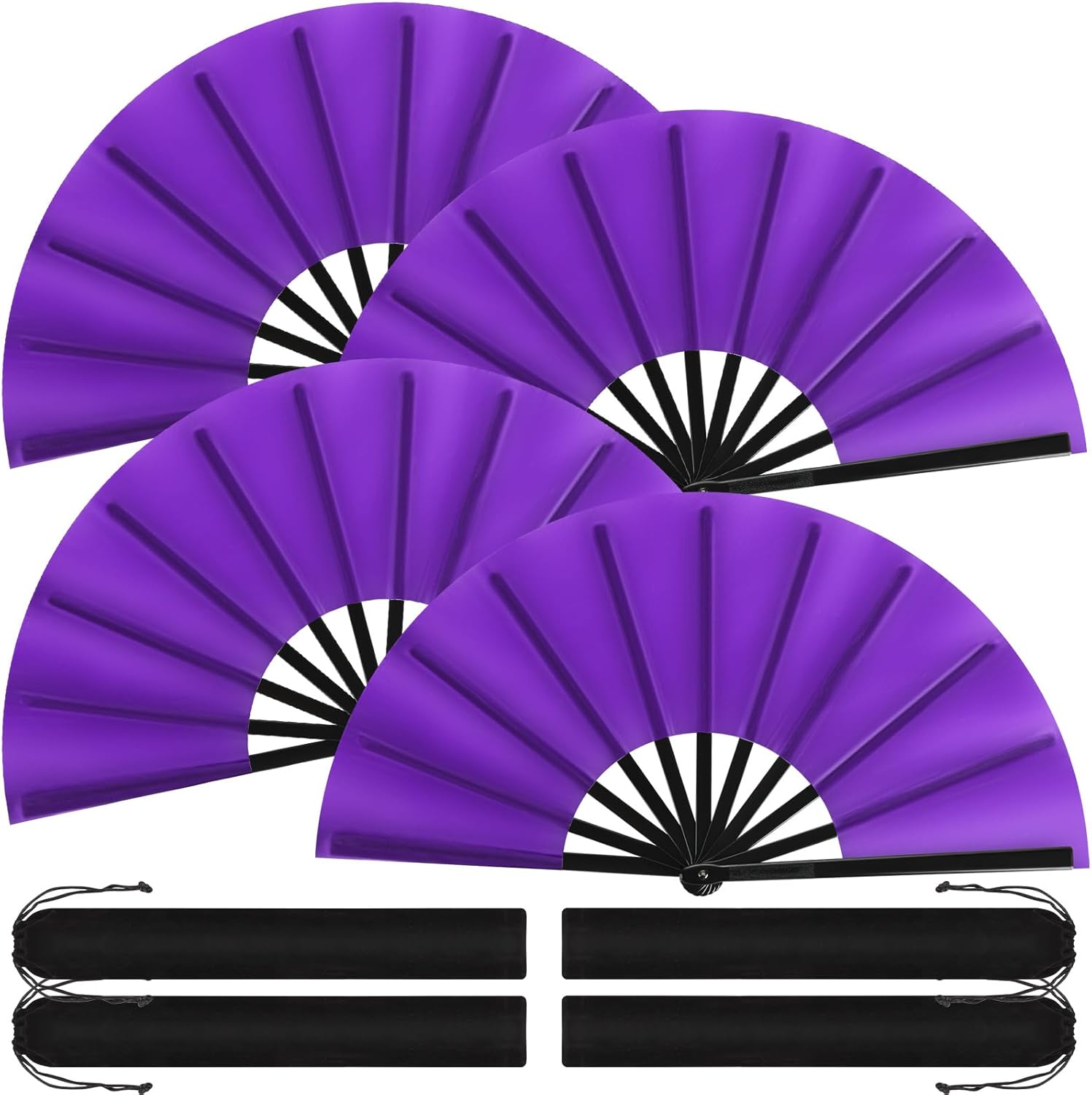 Blulu 4 Pcs Large Folding Fans Bulk with 4 Fan Sleeves, Chinese Kung Fu Hand Clack Rave Fans for Line Dancing, Festival, Party Decor and Performance(Classic Style,Purple,13 Inch)