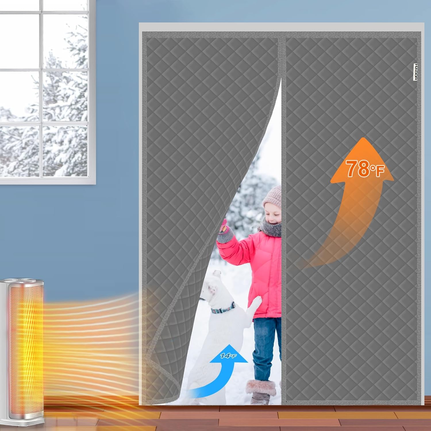 Magnetic Thermal Insulated Door Curtain Fit Door Size 60" x 80", Quilted Oxford Fabric Thicken Cotton Fill, Winter Cover Keep Cold Draft Out, Blanket Insulation for Front Patio Doors Gray