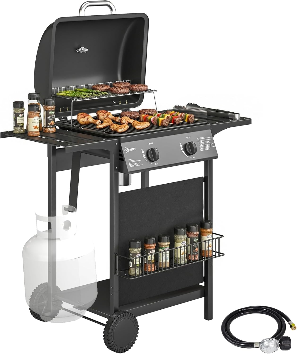 Outsunny 2-Burner 18,000 BTU Propane Gas Grill with Wheels, Warming Rack, Side Tables & Thermometer - Black Outdoor BBQ