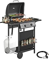 Outsunny 2-Burner 18,000 BTU Propane Gas Grill with Wheels, Warming Rack, Side Tables & Thermometer - Black Outdoor BBQ