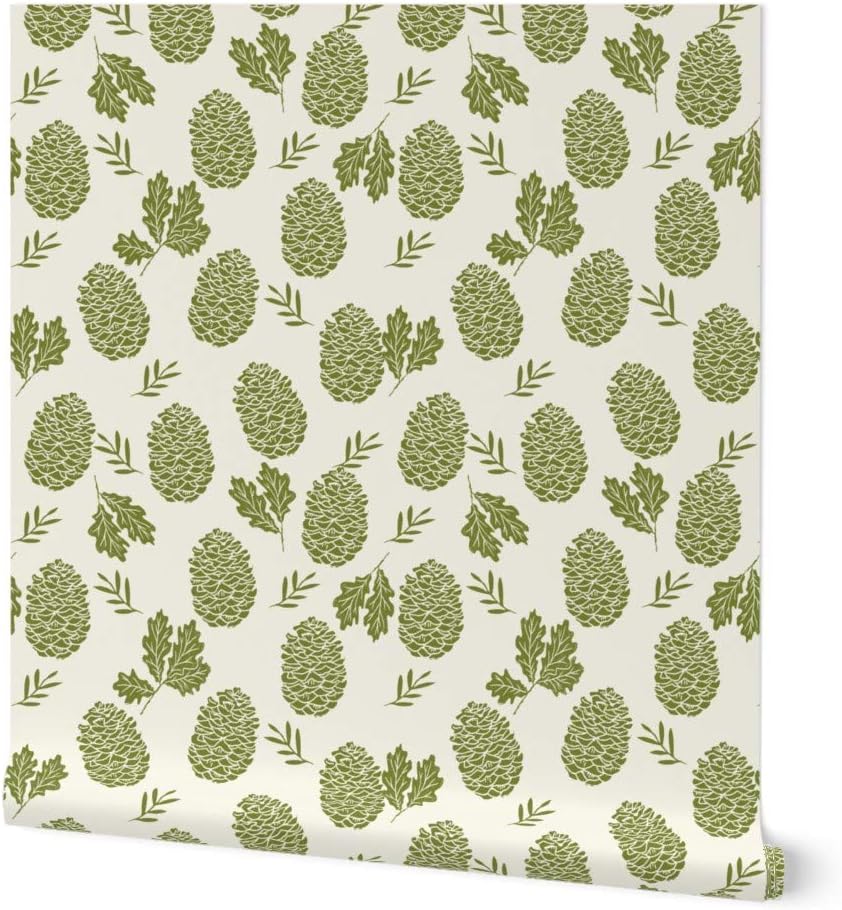 Peel & Stick Wallpaper 3ft x 2ft - Pinecone Winter Camping Woodland Cream Green Nature Outdoors Pinecones Custom Removable Wallpaper by Spoonflower