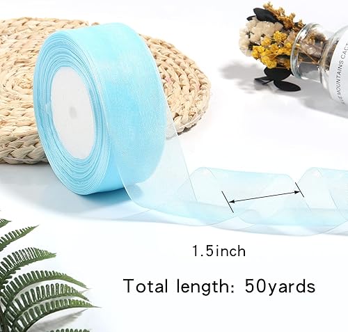 Miniatura 2 de Cinta de organza transparente de 1.5 pulgadas, cinta de gasa azul cielo para envolver regalos, decoración de Navidad, Halloween, ramo de boda,