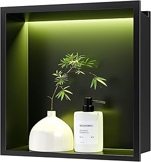Wandnische Dusche Edelstahl mit RGB LED-Licht, Eingebettete Duschnische Schwarz Einzelregal Lagerung mit Fernsteuerung für Badezimmer, 30 x 30 cm