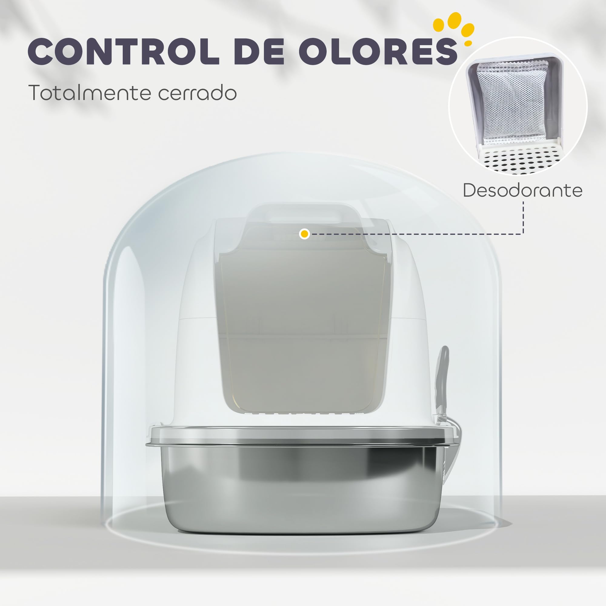 PawHut Arenero para Gatos de Acero Inoxidable XL con Tapa Abatible Blanco | Caja de Arena para Gatos, Laterales Altos, Entrada Superior, Pala, Sin Olores, Fácil de Limpiar, Antifugas