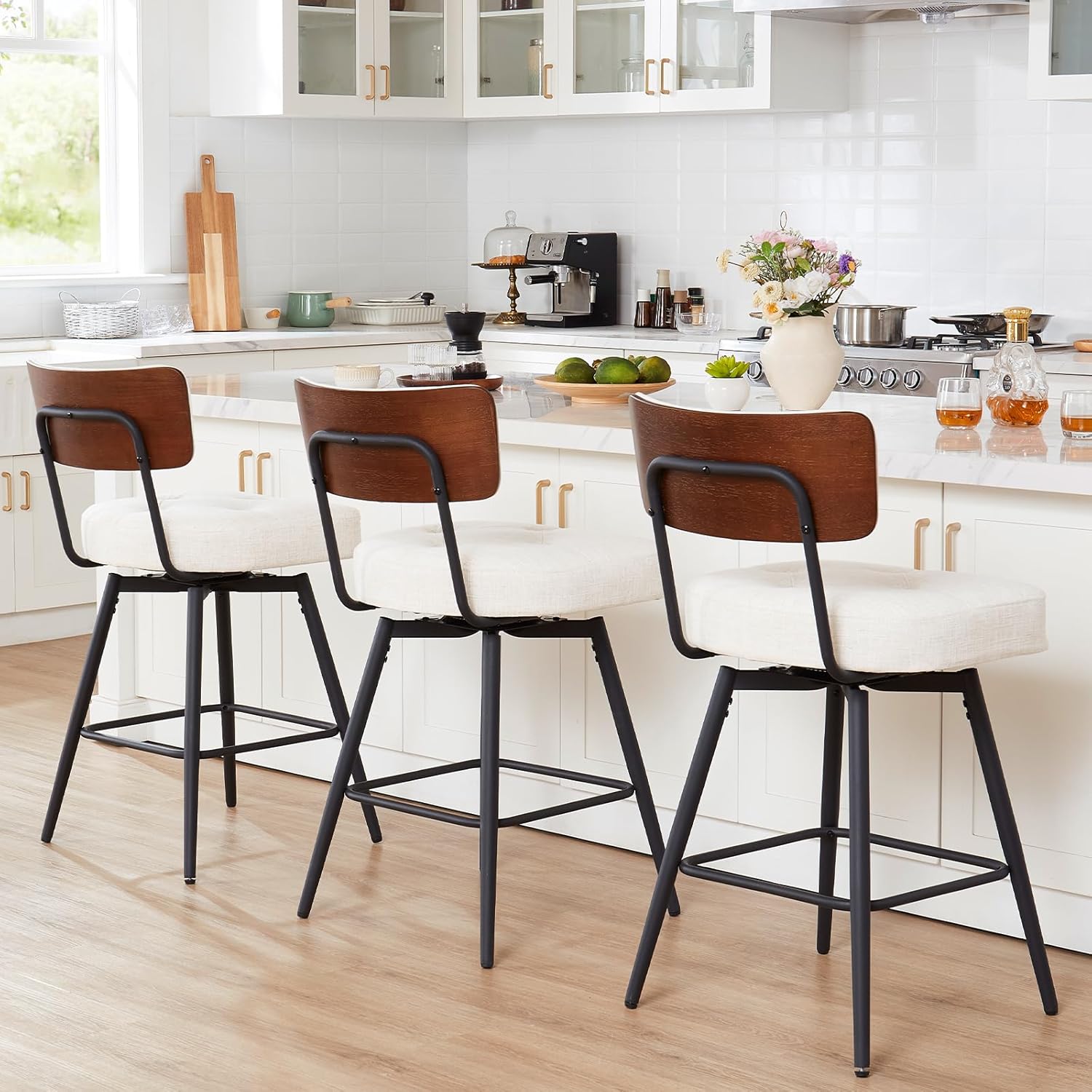 kinmars Bar Stools Set of 3, Counter Height Bar Stools, Modern 360°Swivel Counter Stools with Metal Legs, Leather Barstools for Kitchen Counter