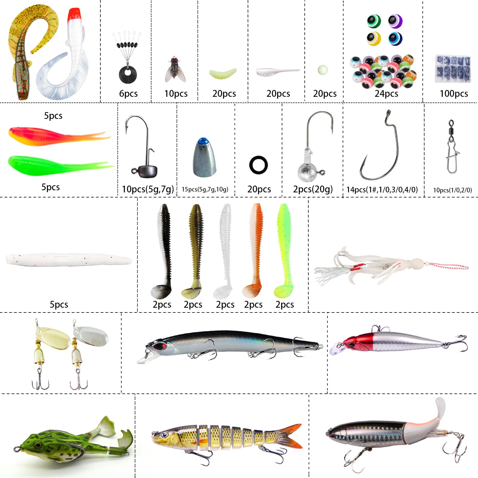 Señuelos de pesca, caja de aparejos de 306 piezas con aparejos incluidos, cebos, cuchara, ganchos, pesos y otros accesorios, kit de señuelo de pesca de lubina