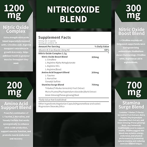Miniatura 4 de Suplementos de óxido nítrico para hombres  Refuerzo de óxido nítrico con L-Arginina, L-Citrulina Complejo y Panax Ginseng  Apoya la energía y la