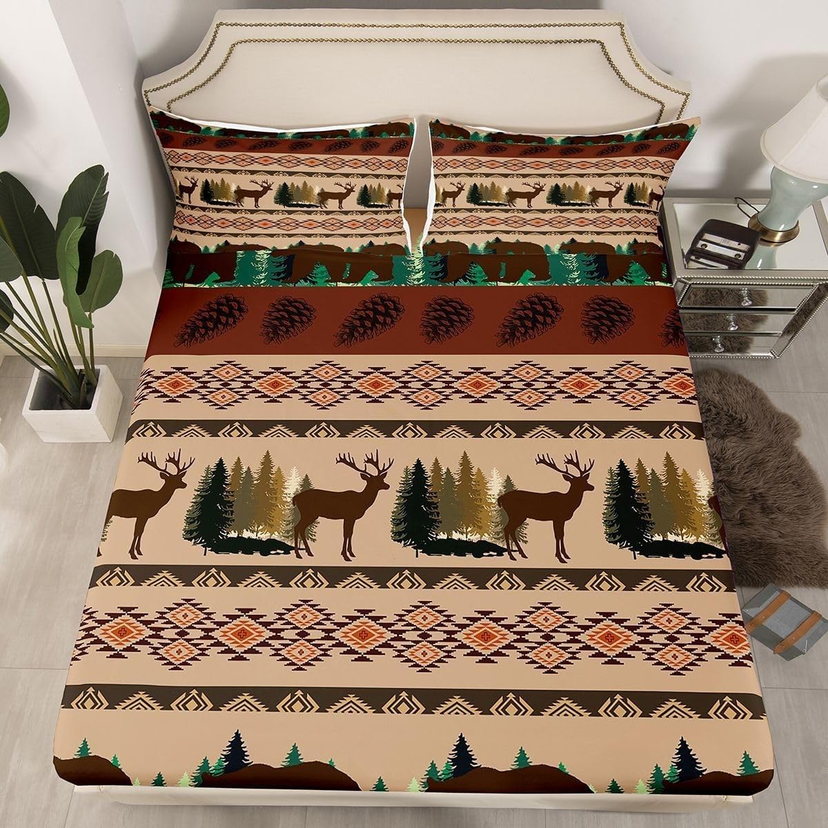 Sabana Bajera 180x200 CabañAs RúSticas Sabanas Bajeras Estampadas Ciervos Y Osos Sábana Bajera Ajustable Suaves, Elastico Funda Colchon con 2 Funda Almohada 50x80 cm, para Colchón de 30cm de Altura