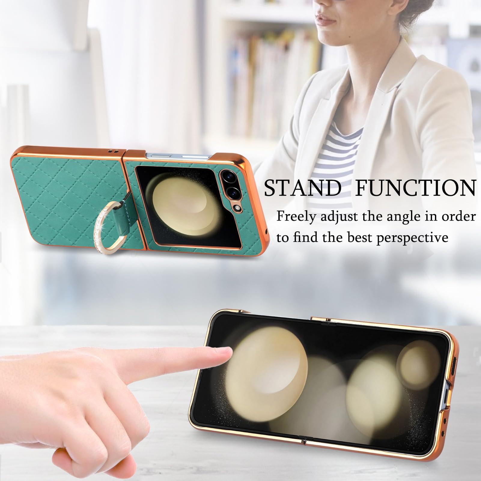 HAZARA Ultra cienkie etui do Samsung Galaxy Z Flip 5, błyszczące metalowe etui na pierścień, stylowa ochrona pleców z reliefem, luksusowe platerowane krawędzie, odporne na wstrząsy, niebieskie