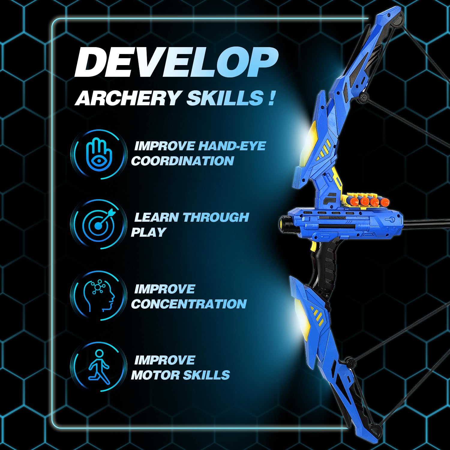 TOY Life Bow and Arrow Toys for Kids 6 8 12, Outdoor Toy Games for Kids, Kids Bow and Arrow Set with LED Lights, Archery Set for Kids with 2 Targets and 40 Foam Darts, Shooting Game Toy Gift for Boys