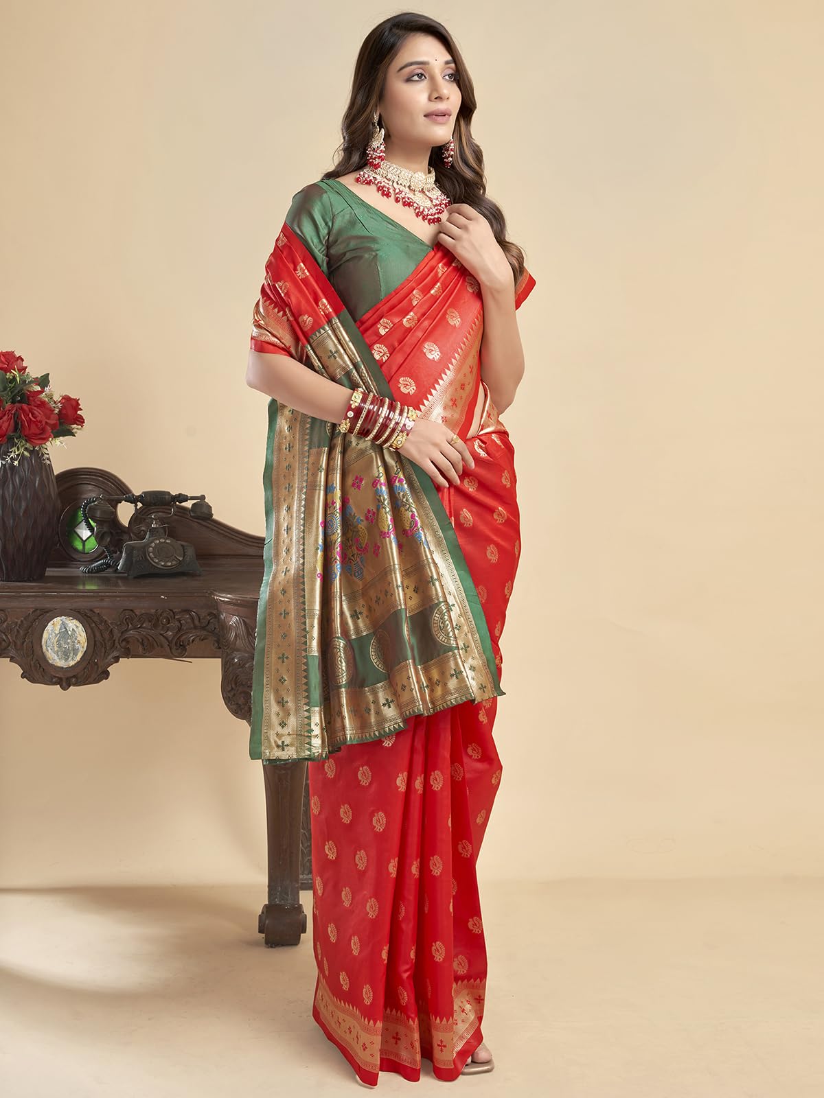 Satrani Women's Silk Banarasi Jacquard Saree With Unstitched Blouse Piece (3792S497N_Red & Golden)
