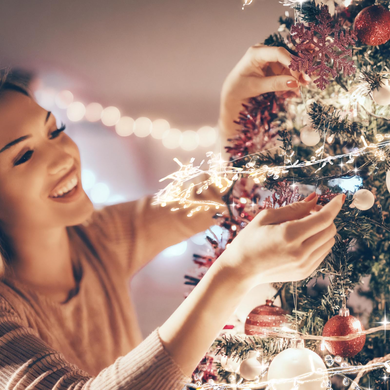 Tuanse Guirlande Lumineuse pour Sapin de Noël de 10 m avec 100 lumières LED à Piles à Suspendre avec Fil métallique Pliable pour Sapin de Noël, Couronne de Mariage, décoration de fête de Mariage