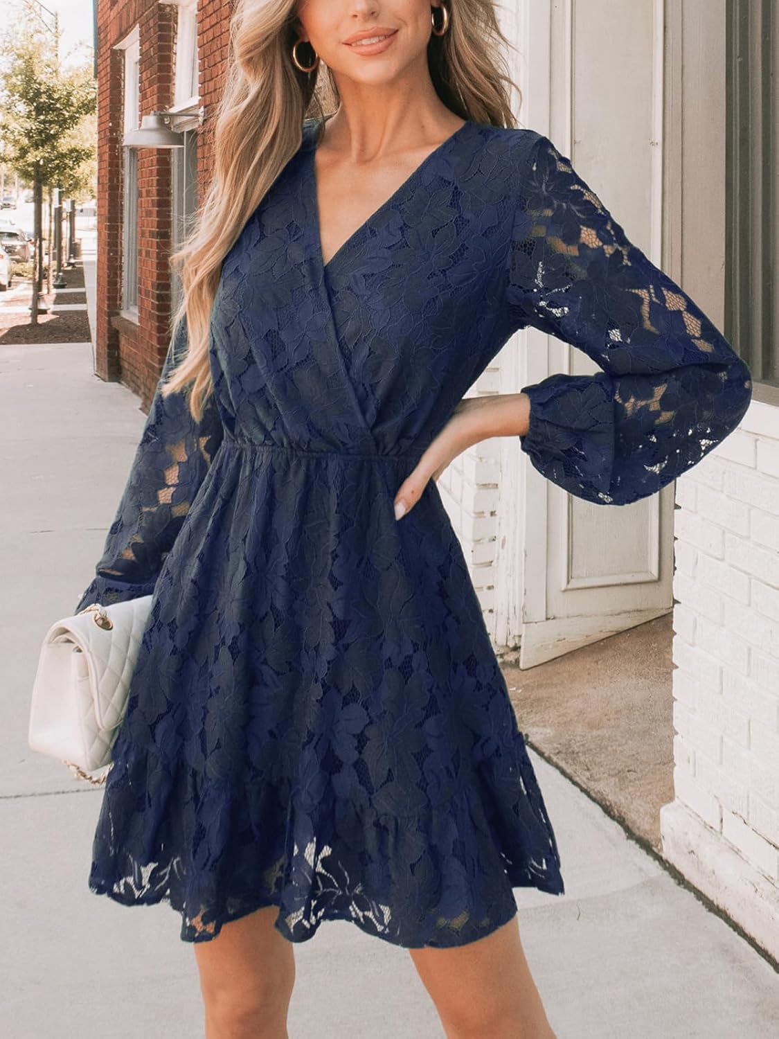 CUPSHE Women Elegant V Neck Lace Peasant Sleeve Mini Summer Dress Elastic High Waist A Line Casual Wedding Guest Dress - Image 4