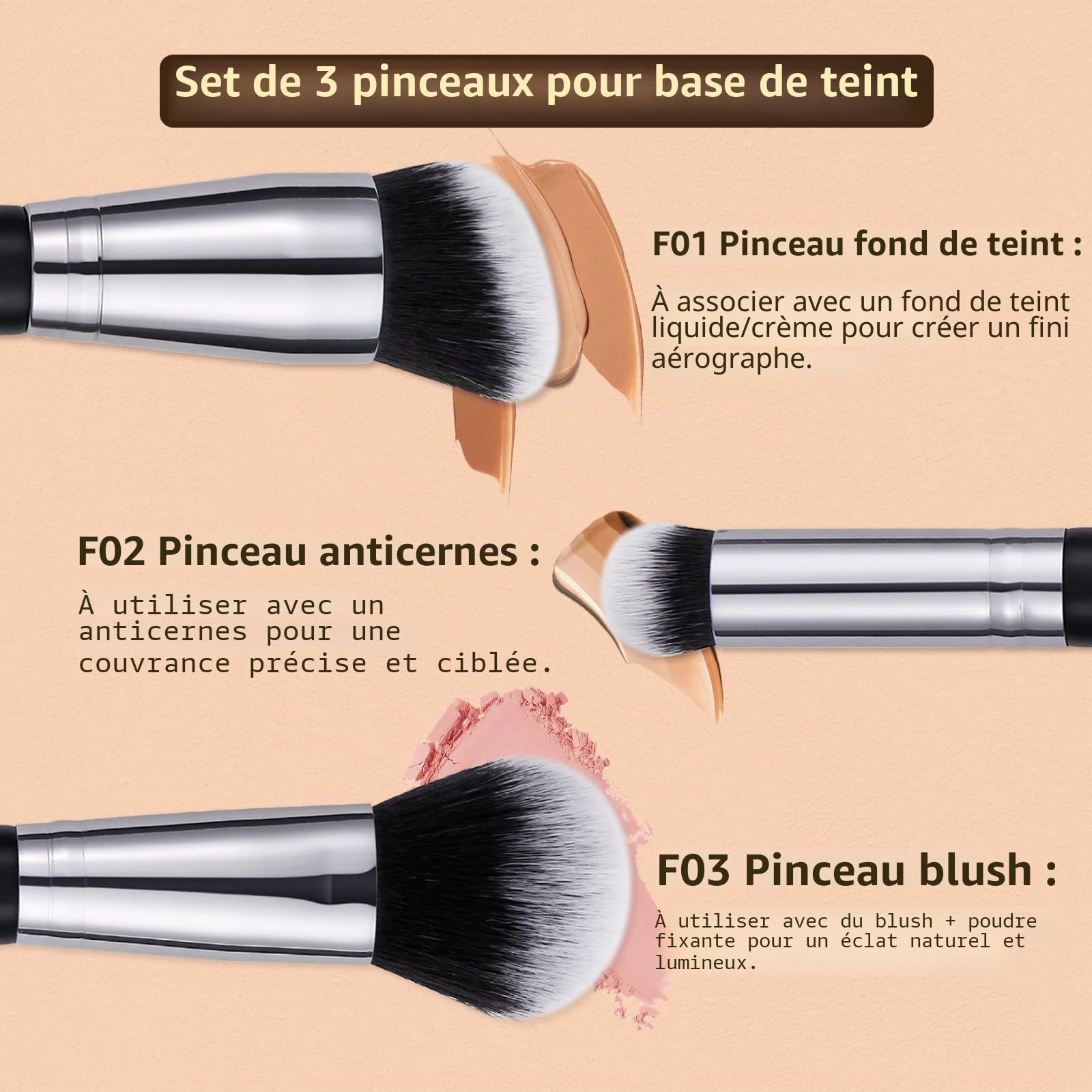 DUcare Lot de 3 pinceaux de maquillage pour le visage - Fond de teint, correcteur, blush - Poils doux et denses - Pour estomper la crème liquide, le polissage, l'anti-cernes