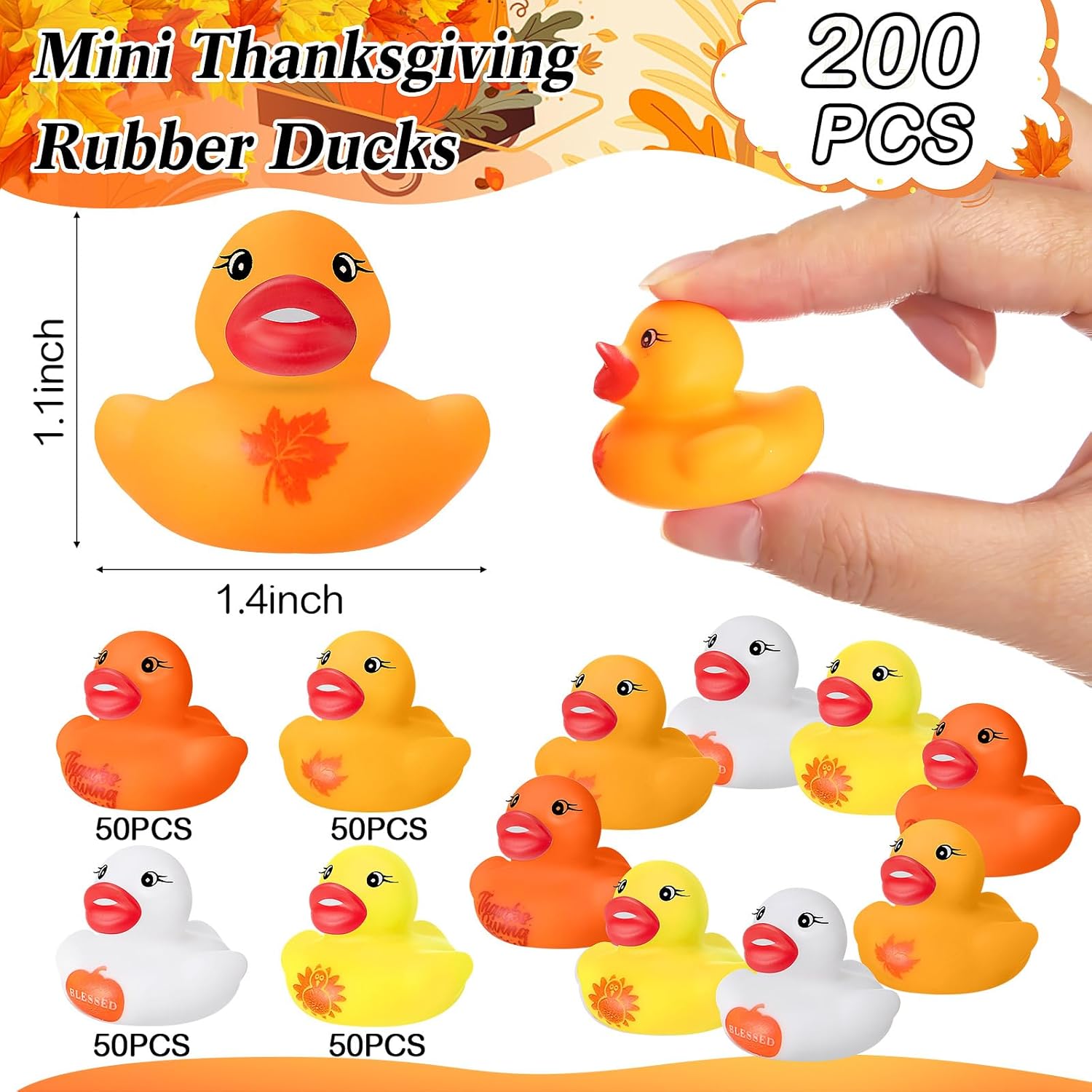 200 Pcs Thanksgiving Day Rubber Ducks Assorted Rubber Duckies Bulk Mini Pool Toy Ducks Small Tiny Ducky for Thanksgiving Day Party Favors Classroom Exchange Gifts