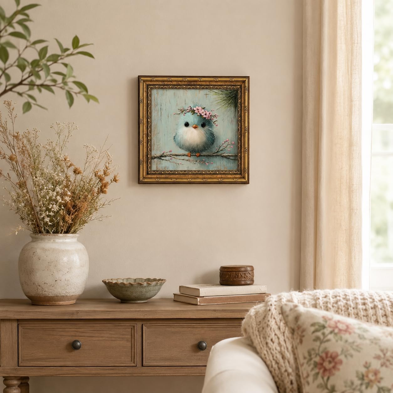 Blue Bird Wall Art, Gold Framed Vintage Floral Canvas, 12x12 in image 4