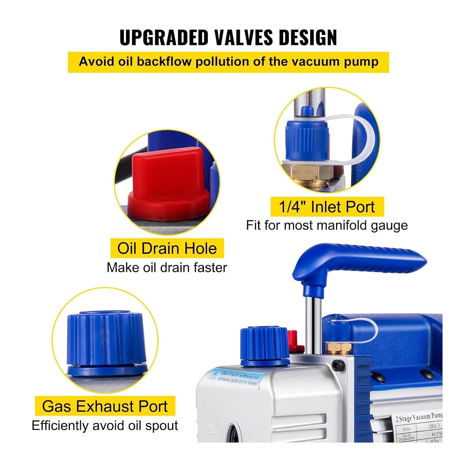 Pompa per vuoto HVAC a doppio stadio da 6 CFM, vuoto massimo di 0,3 Pa, strumento per aria refrigerante per la manutenzione di condizionatori e auto. (9CFM1HP)